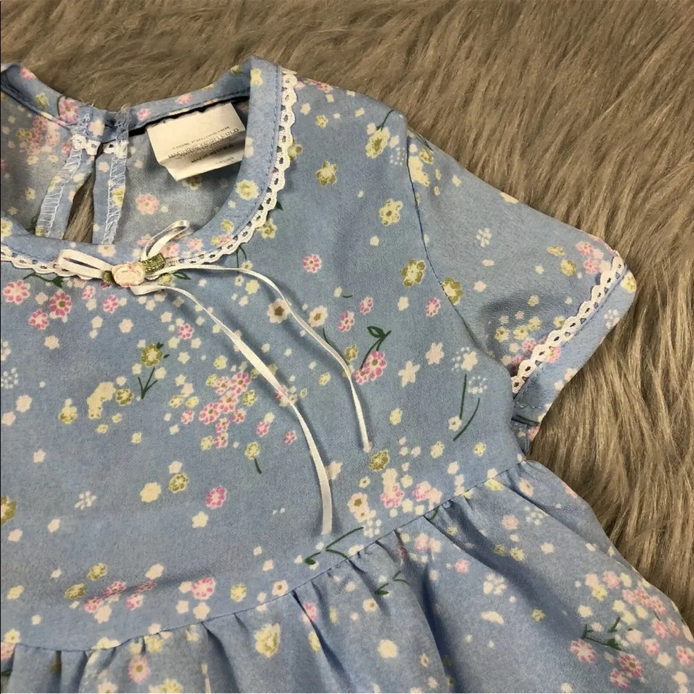 Vintage Toddler Girls Blue Floral Tie Back 90s Dress